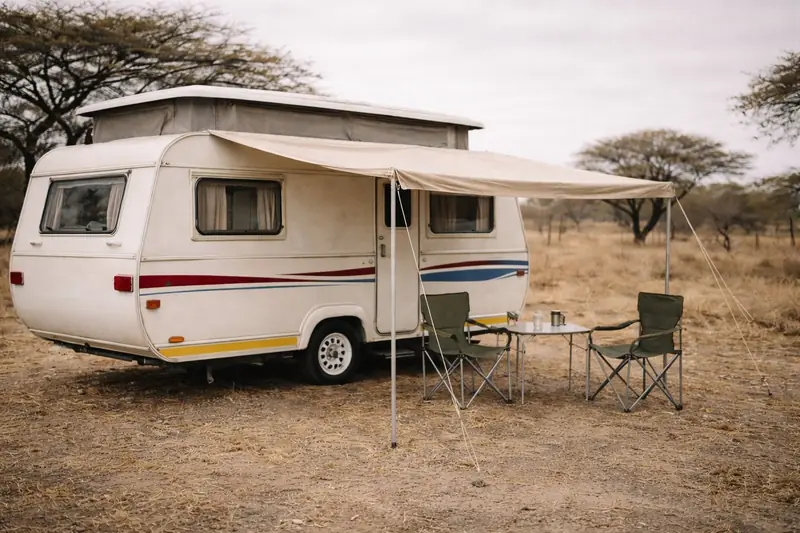 Cream caravan with awning extended and camping chairs set up on South African highveld