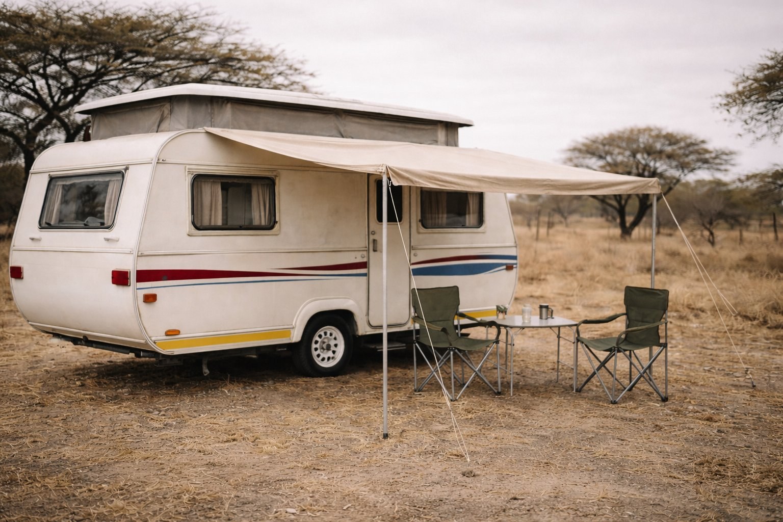 Cream caravan with awning extended and camping chairs set up on South African highveld