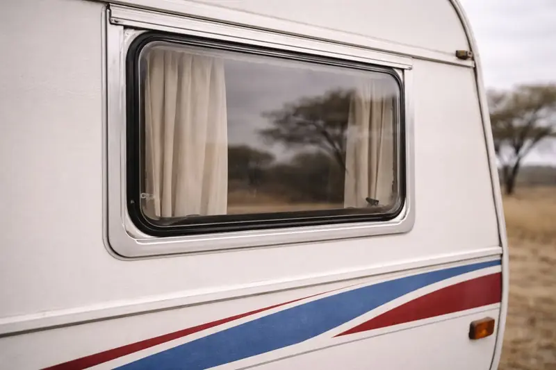 Close-up of a clean caravan side window with cream curtains and reflection of acacia trees