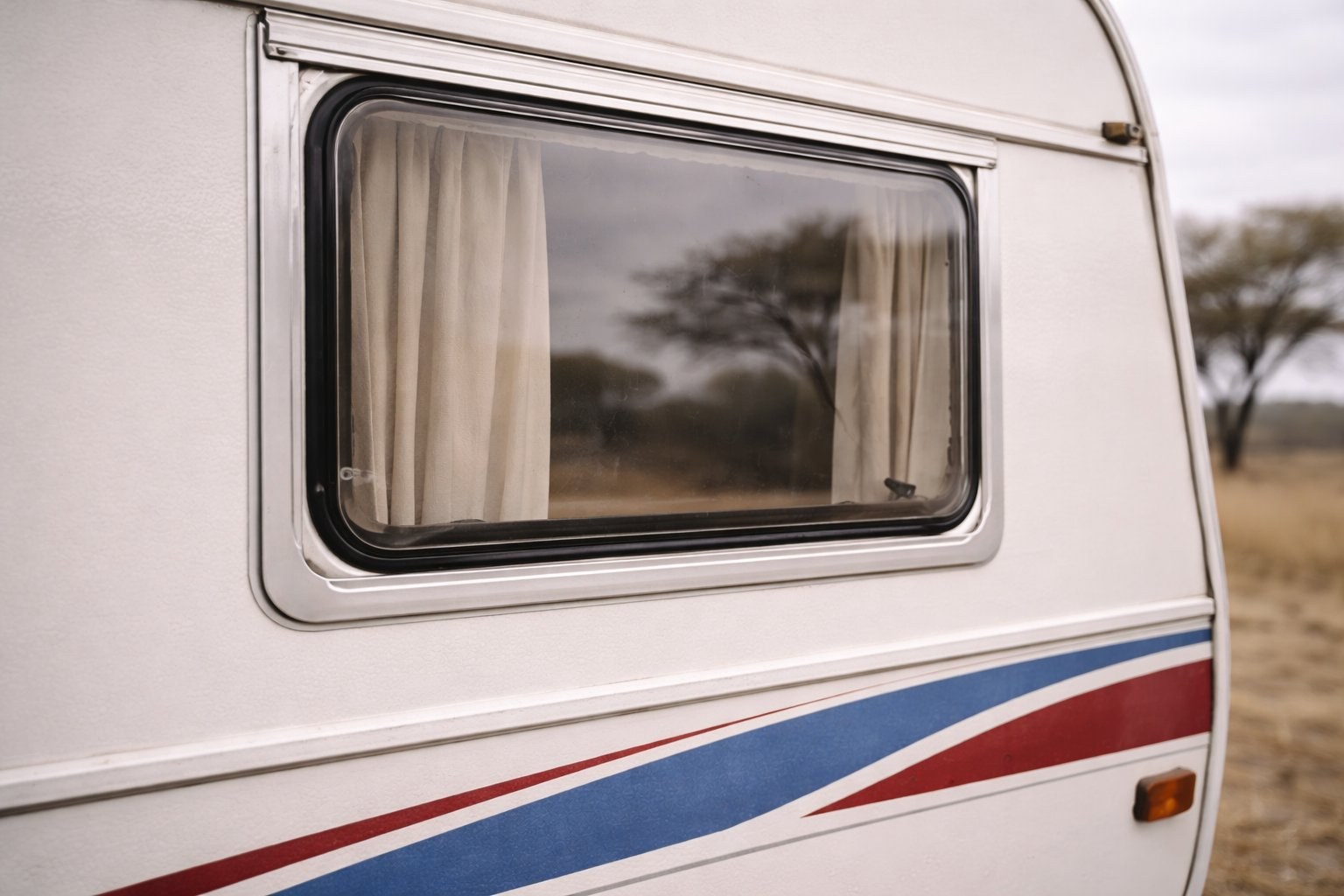Close-up of a clean caravan side window with cream curtains and reflection of acacia trees