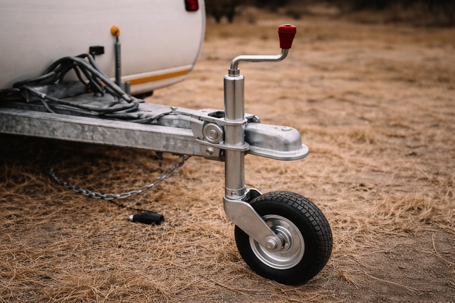 Jockey wheel and coupling on the drawbar of a caravan parked on dry highveld grass