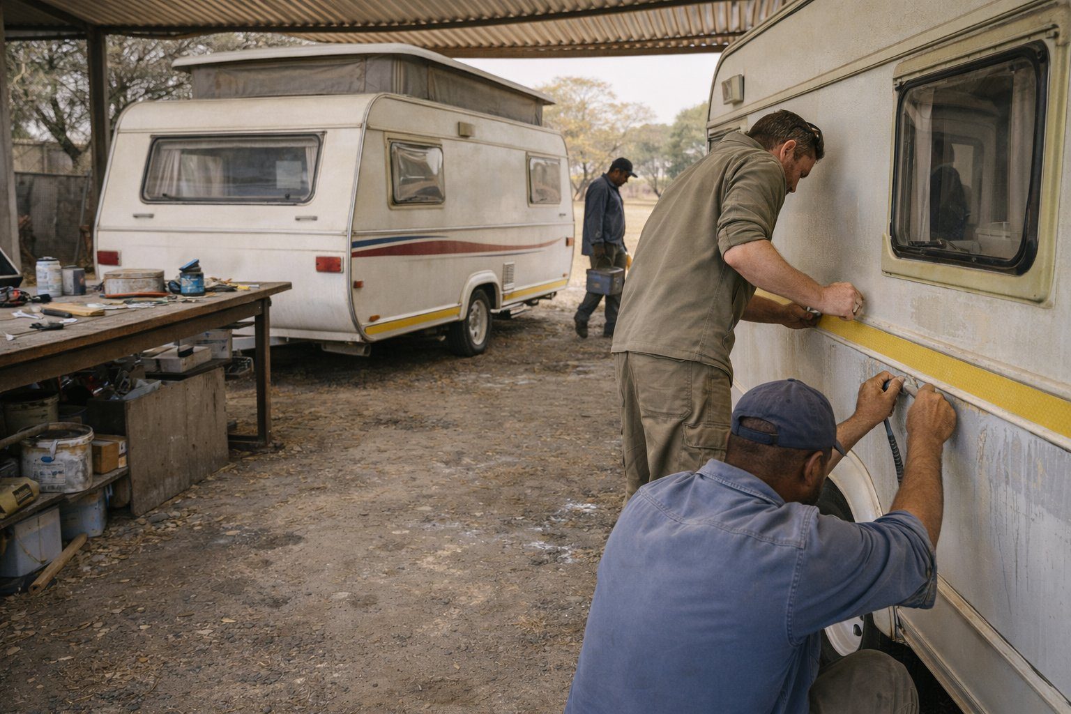 Caravan refurbishment workshop with tools