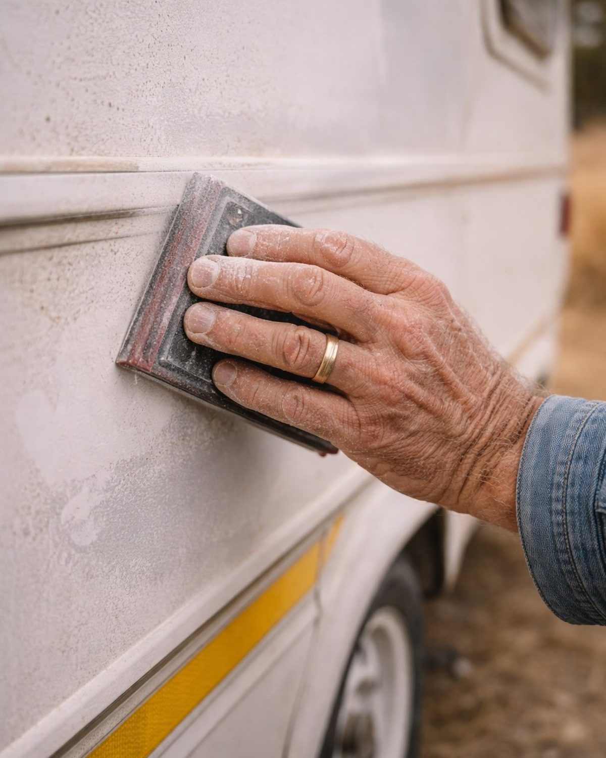 Hand-sanding a caravan body — every detail by hand
