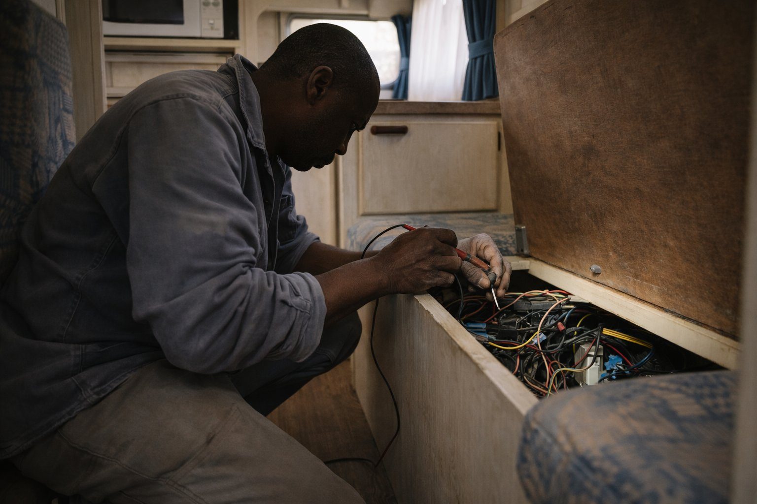 Repairing wiring inside a caravan