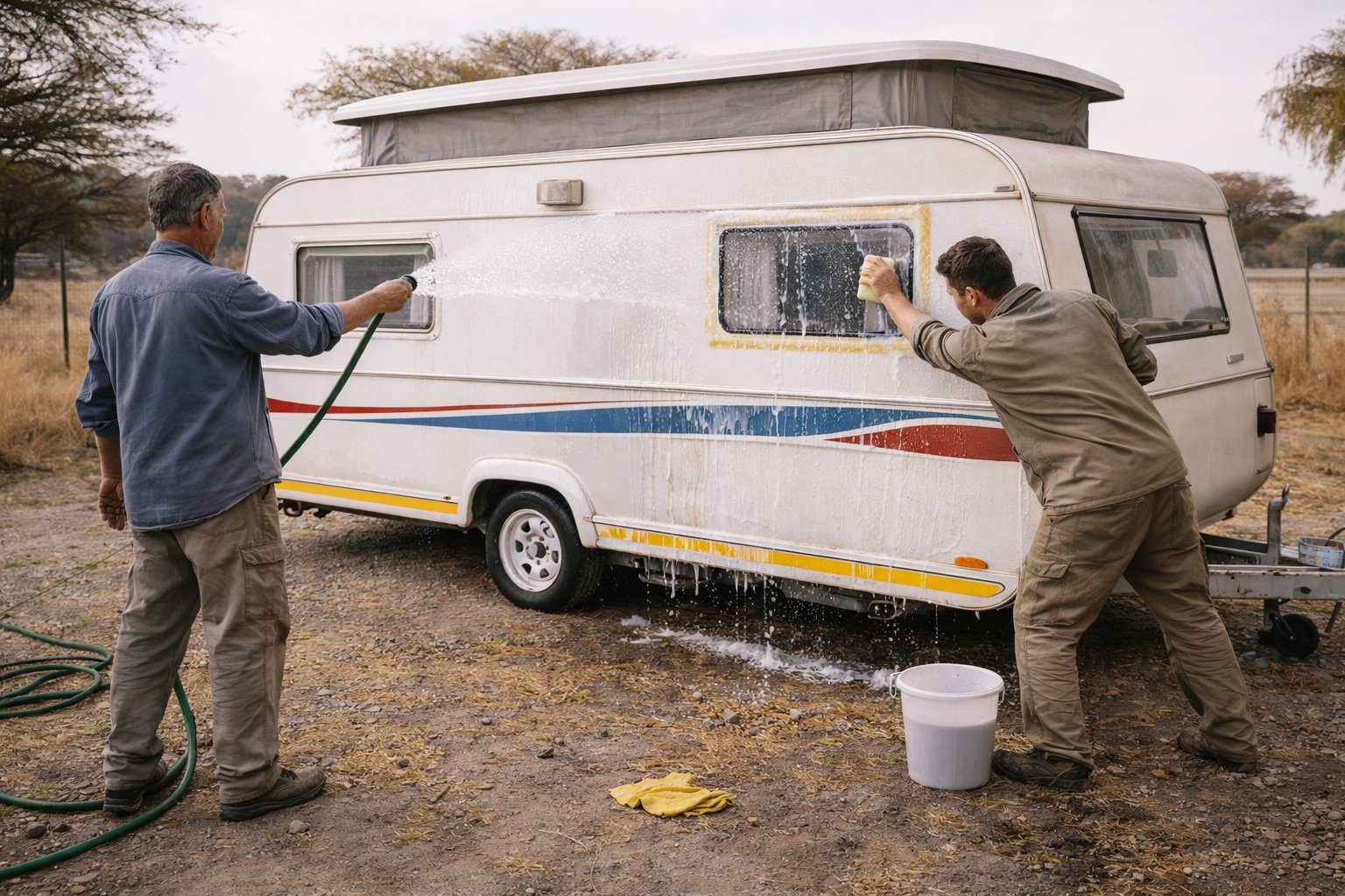Team members washing a caravan by hand